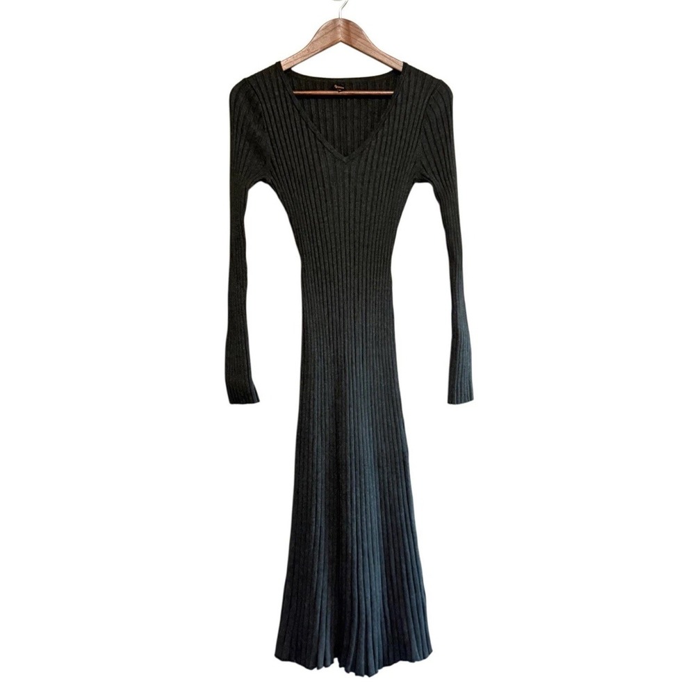 Quince Ribbed Long Sleeve V Neck Midi Dress Cotton Cashmere Sweater Knit Gray M